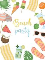 Vektor-Sommer-Pool-Party-Einladungskarte Design-Vorlage mit Cocktails, Strandtuch, Sonnenbrille und etc. isoliert auf weißem Hintergrund. feiertagsillustration für banner, flyer, einladung, plakat.