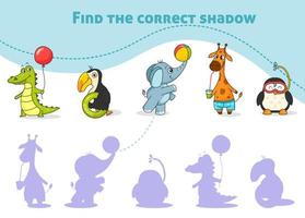 Finde den richtigen Schatten, Spiel für den Kindergarten mit tropischen Tieren. Cartoon-Giraffe, Krokodil, Tukan, Elefant, Pinguin. Bildungs-Minispiel für Kinder. Vektor-Illustration druckbares Arbeitsblatt. vektor