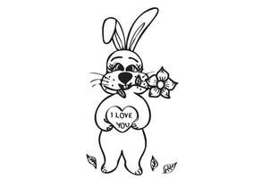 Vintage Bunny Line Art, tolles Design für jeden Zweck. modernes trendiges Design. Hase im Herzen der Hand, Blume im Mund. romantische Abbildung. vektor