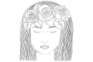 gemaltes schwarz-weißes Mädchen mit geschlossenen Augen, Haarrosen, die Sie für Postkarten, Kleidungsdruck und Schönheitssalon verwenden können