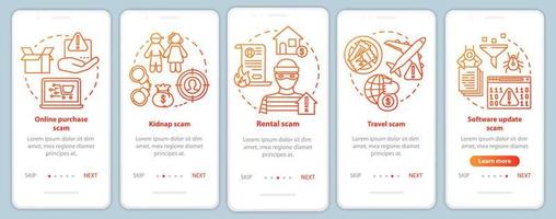 bedrägerityper onboarding mobil app sida skärm vektor mall. genomgång av webbplatssteg med linjära illustrationer. köp- och hyresbedrägerier online. ux, ui, gui smartphone gränssnitt koncept