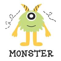 handgezeichnetes Poster mit einem niedlichen Monster. Doodle-Stil. vektorillustration im skandinavischen stil. grünes flauschiges monster. vektor