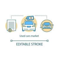 Symbol für das Konzept des Gebrauchtwagenmarktes. Taxi-Bestellidee, dünne Linie Illustration. auto mieten, kaufen, verkaufen. Autovermietung. Automobil-Leasing. Autohaus. Vektor isoliert Umrisszeichnung. editierbarer Strich