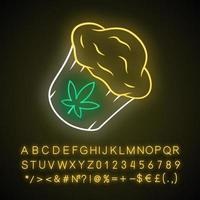 Symbol für Cannabis-Cupcake-Neonlicht. Gras-Muffin. hausgemachtes essbares kit. Kuchen kochen. Hanf Kekse. Legalisierung von Marihuana. Drogenkonsum. leuchtendes zeichen mit alphabet, symbolen. vektor isolierte illustration