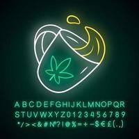 Marihuana-Tee-Neonlicht-Symbol. Unkrautprodukt. Cannabisindustrie. entspannendes cbd-getränk. Tasse mit Ganja-Blatt. Hanf Verkauf. leuchtendes zeichen mit alphabet, zahlen und symbolen. vektor isolierte illustration