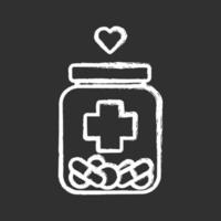 läkarhjälp krita ikon. vårdtjänst. medicinsk volontärarbete. kur. kan med olika piller. flaska med droger, hjärta. isolerade svarta tavlan vektorillustration vektor