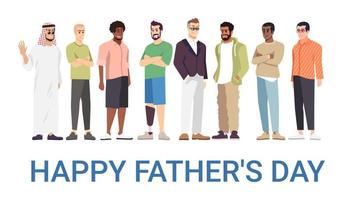 Happy Fathers Day Vektor-Banner-Vorlage. Fröhliche Männer, Väter feiern Familienurlaub. Behinderter Vater freut sich über Chancengleichheit. Grußkarte, Postkarte, Poster-Design-Layout.. vektor
