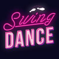 Swing-Tanz Vintage 3D-Vektor-Schriftzug. retro party fette schrift, schriftbild. Pop-Art-stilisierter Text. Neonlichtbuchstaben im alten Schulstil. 90er, 80er Poster, Banner. dunkelvioletter Hintergrund vektor