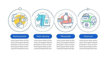 Infografik-Vorlage für den Vektor der persönlichen Hygiene. Händewaschen, Zähneputzen, Baden, Gesichtspflege. Datenvisualisierung mit vier Schritten und Optionen. Diagramm der Prozesszeitleiste. Workflow-Layout