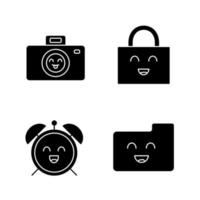 Glyphensymbole für lächelnde Gegenstände festgelegt. Figuren. Happy Camera, Vorhängeschloss, Wecker, Ordner. Silhouettensymbole. vektor isolierte illustration