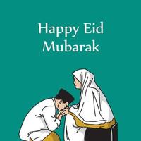 Fröhlicher Eid Mubarak-Gruß mit einer Illustration einer Person, die die Hand seiner Mutter küsst, mit einem toscafarbenen, flachen Hintergrund vektor