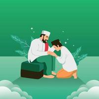 illustration eines jungen muslims, der anlässlich von eid ul-fitr die hand eines erwachsenen muslims schüttelt und die hand küsst, um gute manieren mit grünem hintergrund zu zeigen vektor