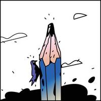 Illustration eines Bleistifts und eines Spechts. Vektor. flacher karikaturstil. blauer Stift am Himmel zwischen den Wolken. Symbol für Kreativität und Kreativität. Logobild für das Studio. vektor