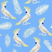 Vektornahtloses Muster mit tropischen Blättern, Palmen, Farn und Papageien. Regenschirmkakadu. sommerillustration auf blauem hintergrund vektor