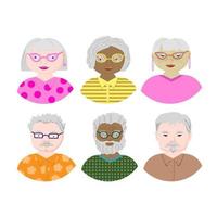 en uppsättning avatarer för äldre trevliga människor. en mångfaldig grupp unga män och kvinnor. människor med grått hår. platt stil vektorillustration vektor