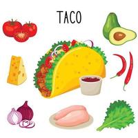 Taco mit verschiedenen Bestandteilen, Vektorgrafik. Poster mit Tacos, Hähnchen, Zwiebeln und Chili, Käse und Tomaten. mexikanische Nahrung. vektor