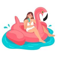 braunes Mädchen mit Sonnenbrille sitzt auf aufblasbarem Flamingo-Schwimmer und trinkt Cocktail. sommerferienkonzept. Vektor-Illustration auf weißem Hintergrund. vektor