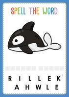 stavningskalkylblad hitta det saknade bokstavsspelet för barn med ordet havsfisk vektor