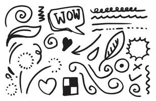 Set von Doodle-Designelementen isoliert auf weißem Hintergrund für Designkonzepte wie Flagge, Blätter, Licht, Herz, Unterstreichungen, Pfeile und andere. vektor