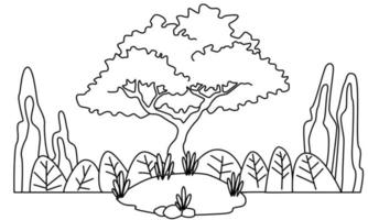 Abbildung eines Baumes und einer Landschaft in Schwarz und Weiß zum Ausmalen. vektor