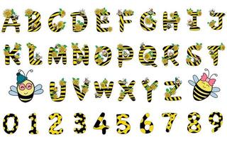 Alphabet ABC, Bienen- und Sonnenblumenmuster-Set im Doodle-Stil für Dekoration, Studenten, Lehrer, Babys, Hemddesigns, Kinderkleidungsdesigns, Kissen, Aufkleber und mehr. vektor