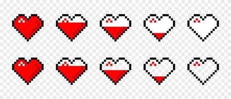 Füllende rote Herzen absteigendes Pixelsymbol. romantische abstrakte symbole mit allmählichem verlust der liebe und verblassender warmer gefühlsdekoration für die vektorspielindustrie vektor