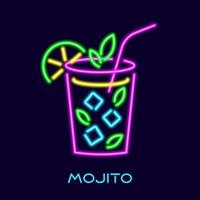 Neon-Mojito-Cocktail. leuchtend violetter Longdrink mit Strohminze und Limettenschnitz. moderner erfrischender Klassiker mit weißem Rum und Angostura-Vektorlikör vektor