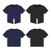 t-shirt tops technische mode flache skizze vektorillustration schwarze und marineblaue farbvorlage vorder- und rückansicht einzeln auf weißem hintergrund. vektor