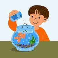 Kinderillustration, ein süßer Junge füttert einen goldenen Fisch in einem Glasaquarium. flache illustration der karikatur. Haustierpflegekonzept. Vektor