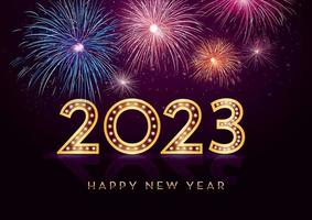 Buntes Feuerwerk 2023 Neujahrsvektorillustration, hell auf dunkelviolettem Hintergrund, Text frohes neues Jahr. flacher Stil abstraktes, geometrisches Design. konzept für feiertagsdekor, karte, poster, banner vektor