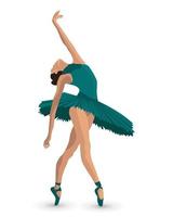 Illustration, tanzende Ballerina in einem grünen Kleid, elegante Pose auf weißem Hintergrund. Poster, ClipArt, Design für Ballettstudio