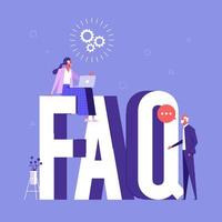Frau sitzt auf riesigen FAQ, Benutzer stellen Fragen und bekommen Antworten. hilfe-, anweisungs- und unterstützungsinformationskonzept
