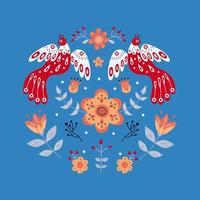 Vektorschmuck mit verschiedenen Vögeln, Blumen und Blättern mit verschiedenen Volkskompositionen. Motiv im skandinavischen Stil. vektor