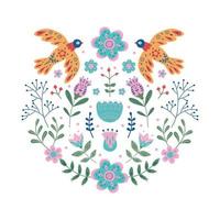 Vektorschmuck mit verschiedenen Vögeln, Blumen und Blättern mit verschiedenen Volkskompositionen. Motiv im skandinavischen Stil. vektor
