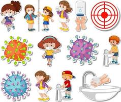 aufkleberset mit covid19-symbolen und zeichentrickfiguren vektor