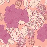 tropischer hibiskus, palmblätter, monstera, ananas nahtloser musterhintergrund. exotisches Dschungel-Geschenkpapier. schöner Druck mit handgezeichneten exotischen Pflanzen. sommerdesign für mode, druck vektor