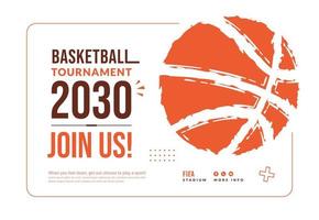Plakatvorlage für Basketballturniere mit Ball isoliert auf weißem Hintergrund, minimale Wettbewerbseinladung im flachen Stil vektor