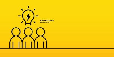 Teamwork-Strichzeichnung mit Glühbirne auf gelbem Hintergrund. austausch von geschäftsideen, brainstorming, zusammenarbeitstreffen und kreatives denken vektor