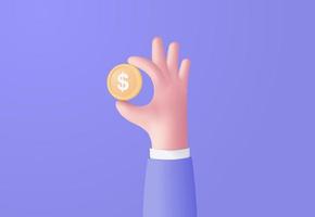 3D-Geldmünzenhand, die auf lila Pastellhintergrund hält. Halten von Geld im Geschäftshandkonzept, Online-Zahlung und Zahlung 3D-Vektor-Renderkonzept. finanzen, investitionen, geldeinsparung auf der hand isoliert vektor