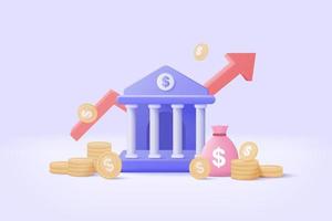 3d minimale bankeinlagen und -abhebungen, transaktionsgeldservice, bankfinanzkonzept. bankgebäude mit münzensymbolstil auf grafikinvestition. 3D-Bankvektor rendern auf weißem Hintergrund