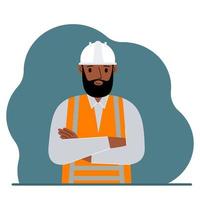 leende man byggnadsarbetare i en vit hjälm och en orange väst. platt vektor illustration
