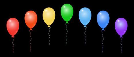 Reihe von bunten Luftballons. 7 isolierte Elemente auf schwarzem Hintergrund. universelles Design für Geburtstagskarten, Anzeigen, Präsentationen. Lieferung von Ballons mit Helium. Vektor-Illustration