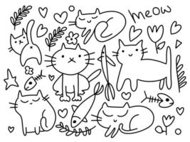 Vektorset aus Katzen und Doodle-Elementen. lustige handgezeichnete katzen. Tiervektorillustration mit entzückenden Kätzchen. vektor