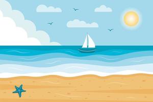 Meerblickpanorama mit Segelboot. tropischer Strand mit Seesternen. paradies natururlaub, ozean oder meer küste. vektor