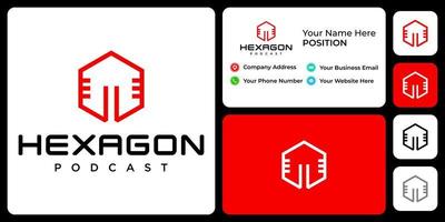 hexagon podcast logotyp design med visitkortsmall. vektor