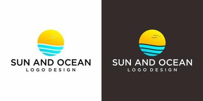 vereinfachtes Sonnen- und Ozean-Logo-Design mit weißem und schwarzem Hintergrund. vektor