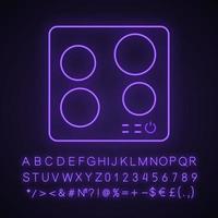 Symbol für Neonlicht mit elektrischem Induktionskochfeld. Kochfeld. Kochplatte, Oberfläche. Induktionsherd oder Einbauherd. Küchengerät. leuchtendes zeichen mit alphabet, zahlen. vektor isolierte illustration