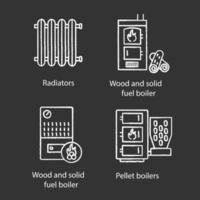 Heizkreide-Symbole gesetzt. Heizkörper, Brennholz- und Pelletskessel, Festbrennstoffheizung. isolierte vektortafelillustrationen vektor