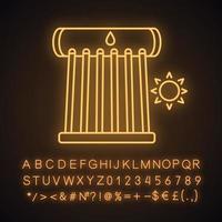 Symbol für Neonlicht für industrielle Solarwarmwasserbereiter. Solarkollektorröhren und Wassertank. Eco Warmwasserbereitungssystem. leuchtendes zeichen mit alphabet, zahlen und symbolen. vektor isolierte illustration