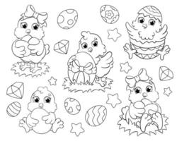 Malbuchseite für Kinder. Reihe von süßen Osterhühnern. Zeichentrickfigur. Bauernhofvögel. Vektor-Illustration isoliert auf weißem Hintergrund. vektor
